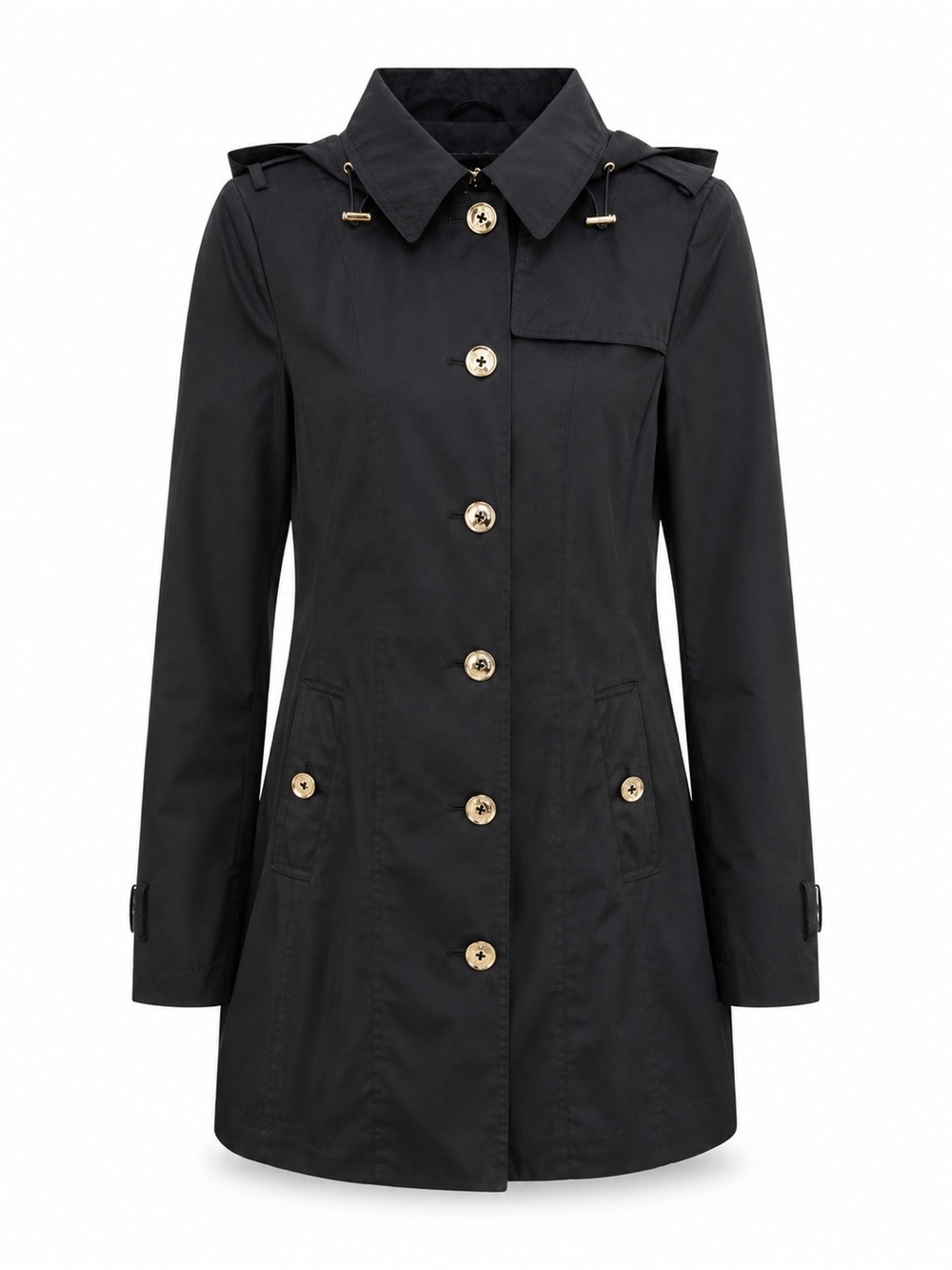 Michael Kors Women’s Black Hooded Trench Coat Rain Jacket Gold Logo Buttons XS